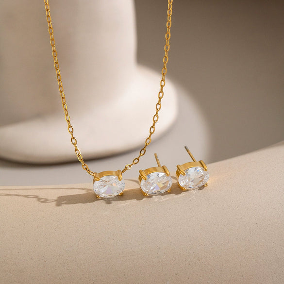 Women's Geometric Zircon Pendant Jewelry Set With Goldplated Stainless Steel Necklace And Matching Earrings