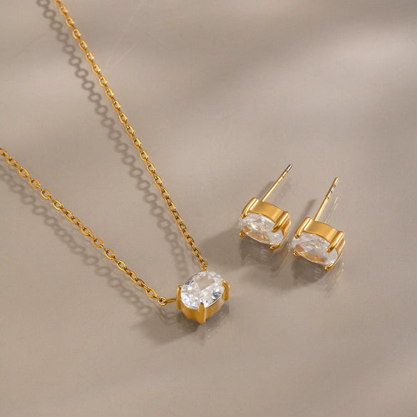 Women's Geometric Zircon Pendant Jewelry Set With Goldplated Stainless Steel Necklace And Matching Earrings