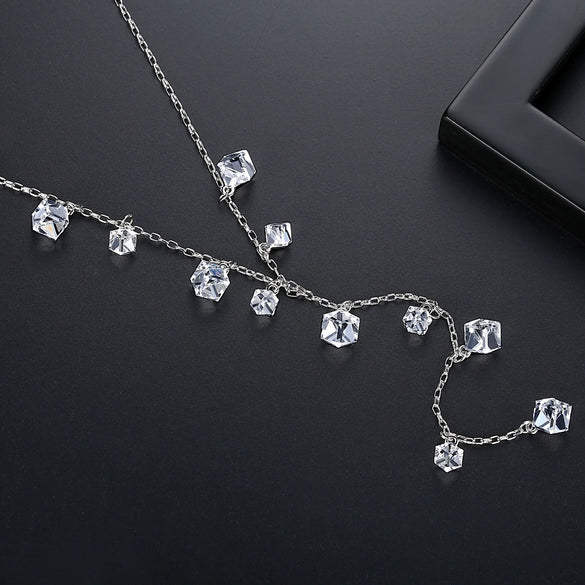 Women's Geometric Zircon Pendant Necklace With Copper Setting And Box Chain Elegant Sweater Accessory