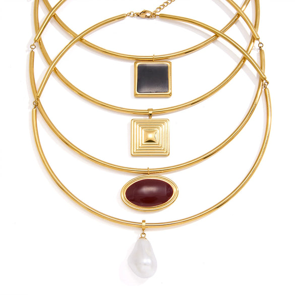 Women's Geometric Zircon Pendant Stainless Steel Choker Necklace With Plated Finish Statement Neck Ring Accessory