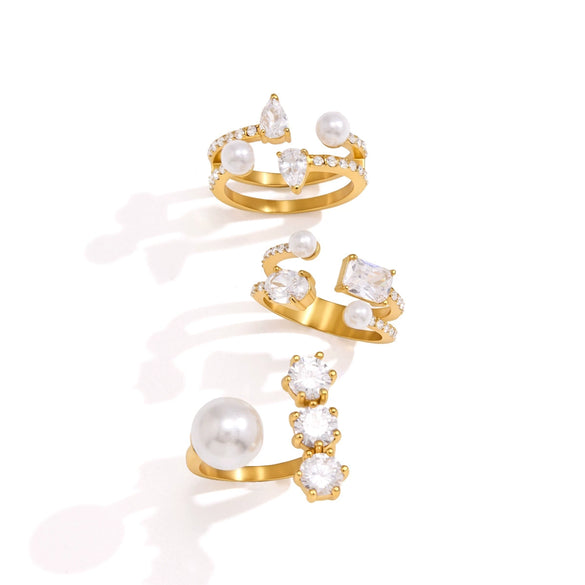Women's Geometric Zircon Stainless Steel Ring With Multilayer Design And Pvd Vacuum Gold Plating Wholesale Jewelry