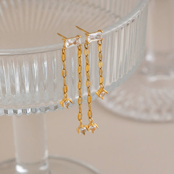 Women's Geometric Zircon Tassel Pendant Earrings In Stainless Steel With Vacuum Gold Plated Finish