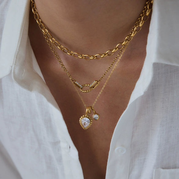 Women's Geometric Zirconia Pendant Necklace Stainless Steel Clavicle Chain With Pvd Vacuum Gold Plating And Lobster Clasp