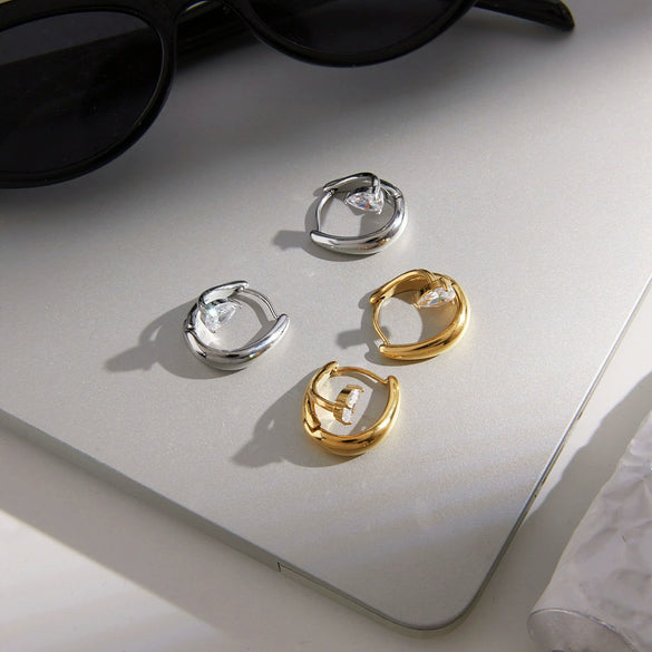 Women's Geometric Zirconia Stainless Steel Stud Earrings With Elegant Plated Finish