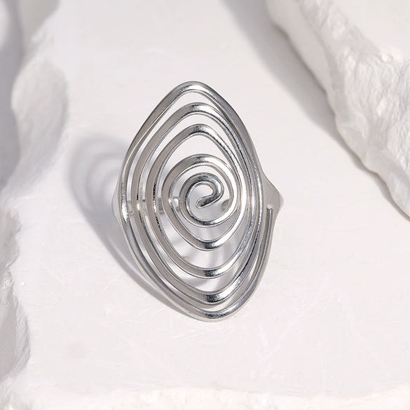 Women's Gold Electroplated Stainless Steel Open Ring With Wide Geometric Spiral Line Design And Simple Modern Style