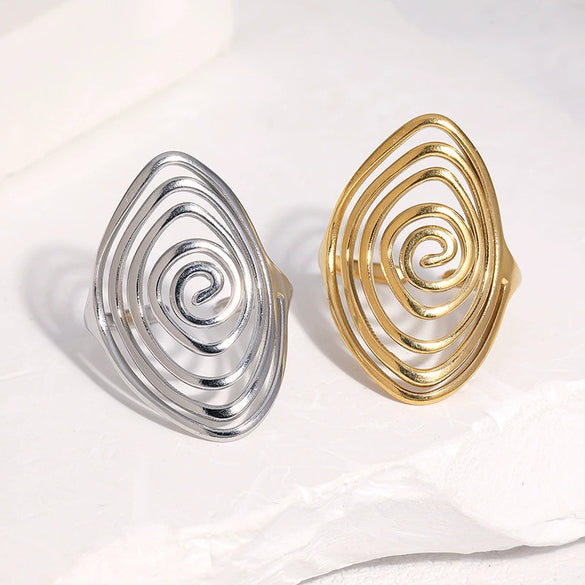 Women's Gold Electroplated Stainless Steel Open Ring With Wide Geometric Spiral Line Design And Simple Modern Style