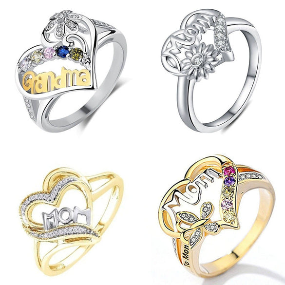 Women's Gold Plated Alloy Heart Shaped Zircon Letter Ring Geometric Fashion Jewelry