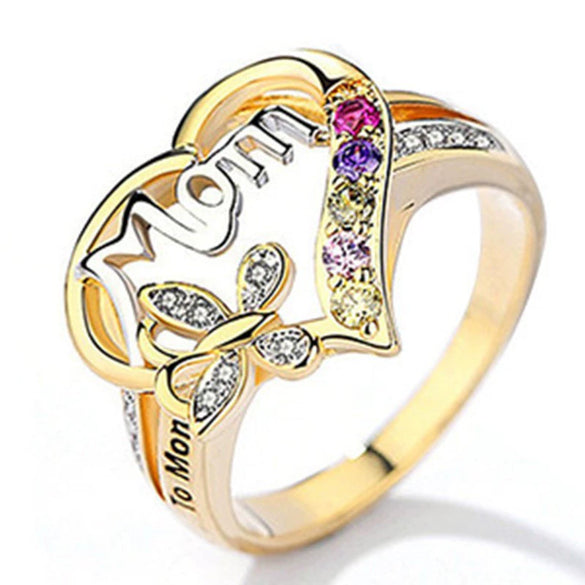 Women's Gold Plated Alloy Heart Shaped Zircon Letter Ring Geometric Fashion Jewelry