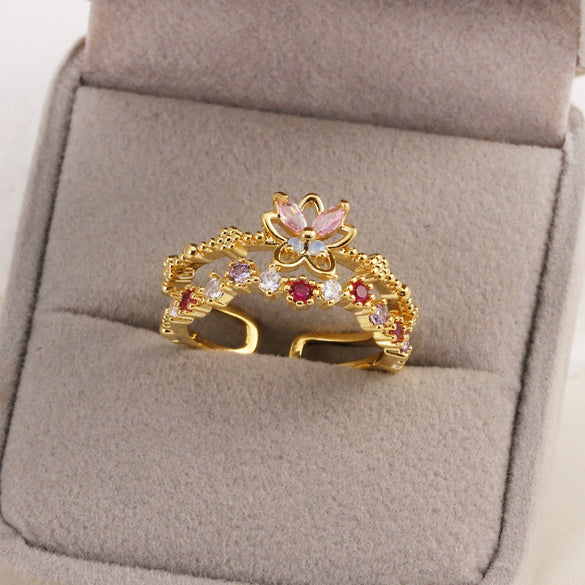 Women's Gold Plated Copper Cute Fairy Flash Diamond Butterfly Flower Rings With Electroplating
