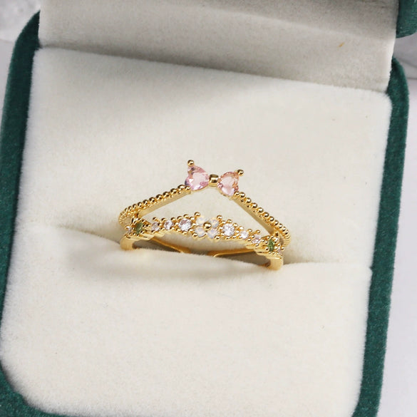 Women's Gold Plated Copper Cute Fairy Flash Diamond Butterfly Flower Rings With Electroplating