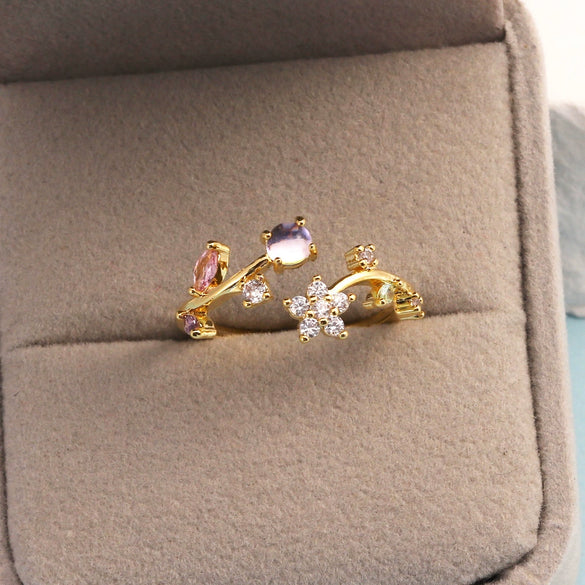 Women's Gold Plated Copper Cute Fairy Flash Diamond Butterfly Flower Rings With Electroplating