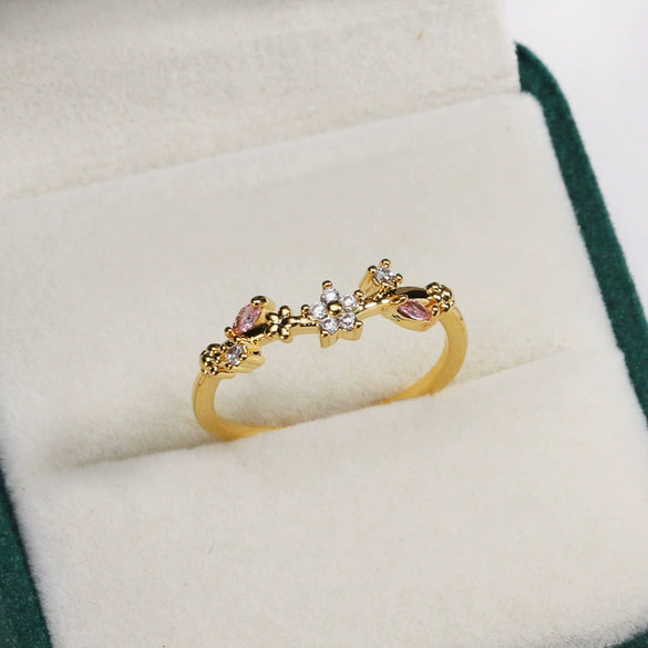 Women's Gold Plated Copper Cute Fairy Flash Diamond Butterfly Flower Rings With Electroplating