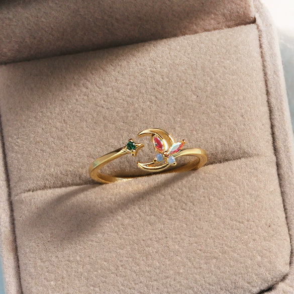 Women's Gold Plated Copper Cute Fairy Flash Diamond Butterfly Flower Rings With Electroplating