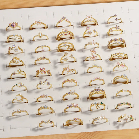 Women's Gold Plated Copper Cute Fairy Flash Diamond Butterfly Flower Rings With Electroplating