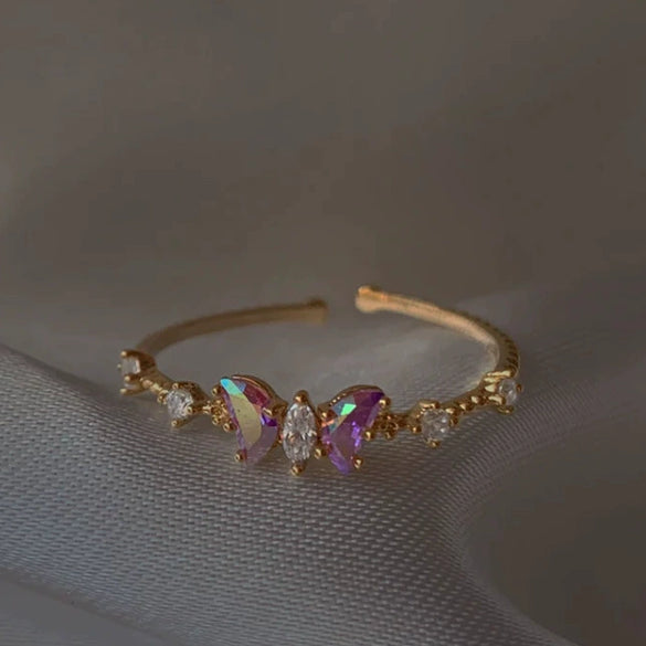 Women's Gold Plated Copper Cute Fairy Flash Diamond Butterfly Flower Rings With Electroplating