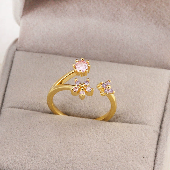 Women's Gold Plated Copper Cute Fairy Flash Diamond Butterfly Flower Rings With Electroplating