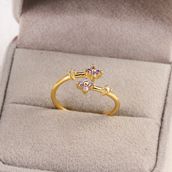 Women's Gold Plated Copper Cute Fairy Flash Diamond Butterfly Flower Rings With Electroplating