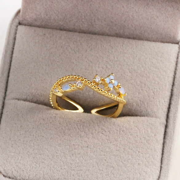 Women's Gold Plated Copper Cute Fairy Flash Diamond Butterfly Flower Rings With Electroplating