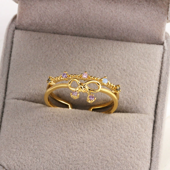 Women's Gold Plated Copper Cute Fairy Flash Diamond Butterfly Flower Rings With Electroplating