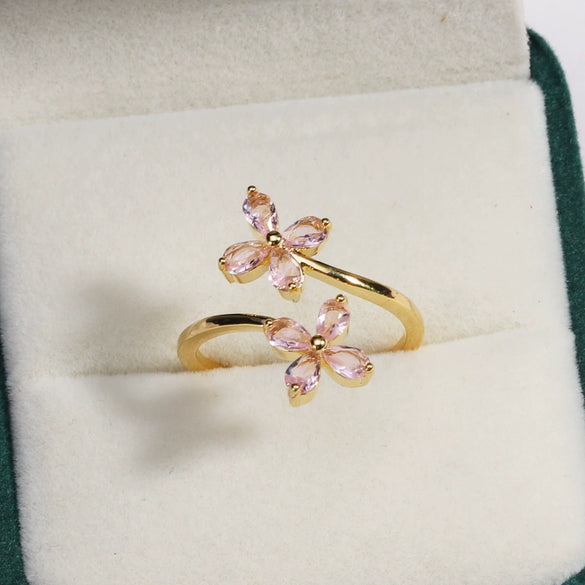 Women's Gold Plated Copper Cute Fairy Flash Diamond Butterfly Flower Rings With Electroplating
