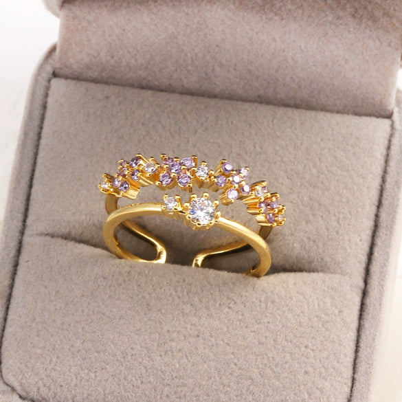 Women's Gold Plated Copper Cute Fairy Flash Diamond Butterfly Flower Rings With Electroplating