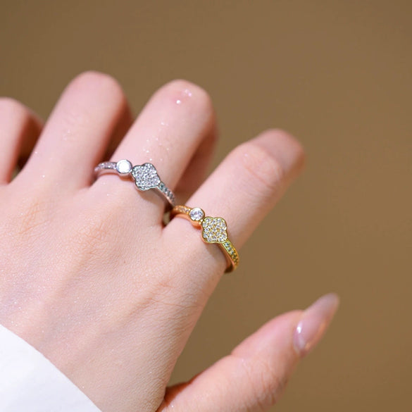Women's Gold Plated Copper Geometric Four Leaf Clover Inlaid Zircon Adjustable Ring