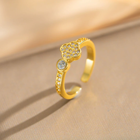Women's Gold Plated Copper Geometric Four Leaf Clover Inlaid Zircon Adjustable Ring