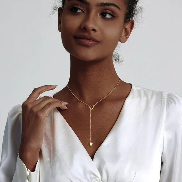 Women's Gold Plated Copper Y Shaped Necklace With Geometric Heart Cross Pendant Simple Chic Stackable Clavicle Chain