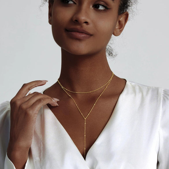 Women's Gold Plated Copper Y Shaped Necklace With Geometric Heart Cross Pendant Simple Chic Stackable Clavicle Chain