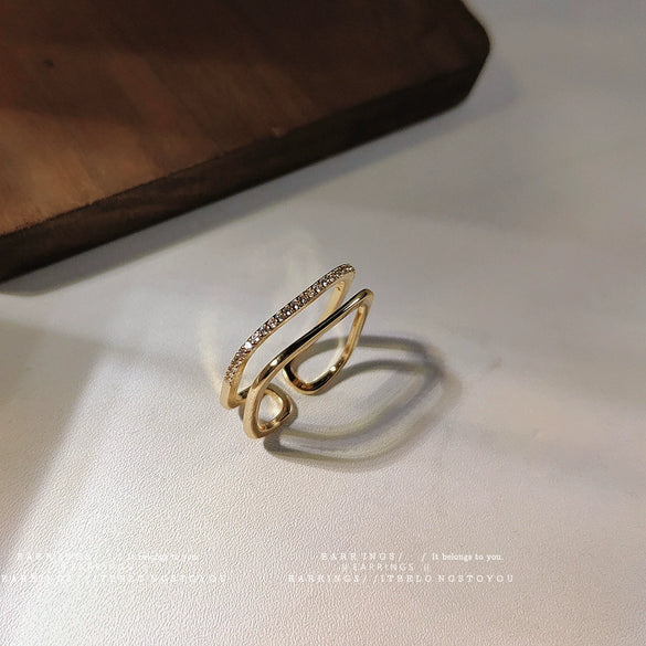 Women's Gold Plated Copper Zircon Double Layer Geometric Open Adjustable Ring Elegant Fashion Finger Ring
