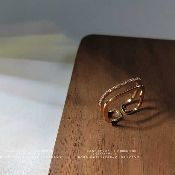 Women's Gold Plated Copper Zircon Double Layer Geometric Open Adjustable Ring Elegant Fashion Finger Ring