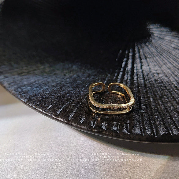 Women's Gold Plated Copper Zircon Double Layer Geometric Open Adjustable Ring Elegant Fashion Finger Ring