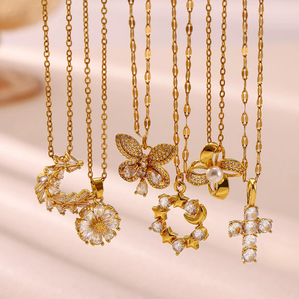 Women's Gold Plated Copper Zircon Flower And Butterfly Necklace With Leaf And Heart Details Light Luxury Oshaped Chain Jewelry