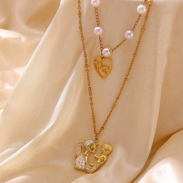 Women's Gold Plated Copper Zircon Pearl Layered Necklace With Doll And Cross Pendants Vintage Palace Style Fashion Jewelry