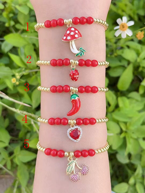 Women's Gold Plated Fruit Shaped Handmade Bead Chain Bracelet With Cherry Strawberry And Heart Shape Design
