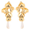 Women's Gold Plated Metal Floral Petal Tassel Earrings With Geometric Water Drop Pearl Design