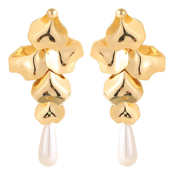 Women's Gold Plated Metal Floral Petal Tassel Earrings With Geometric Water Drop Pearl Design