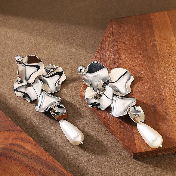 Women's Gold Plated Metal Floral Petal Tassel Earrings With Geometric Water Drop Pearl Design