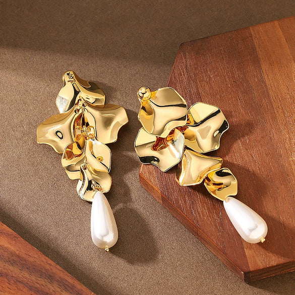Women's Gold Plated Metal Floral Petal Tassel Earrings With Geometric Water Drop Pearl Design