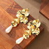 Women's Gold Plated Metal Floral Petal Tassel Earrings With Geometric Water Drop Pearl Design