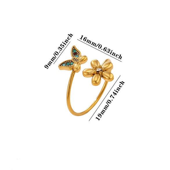 Women's Gold Plated Open Ring With Diamond Heart Butterfly Flower Crystal And Layered Tassel Design