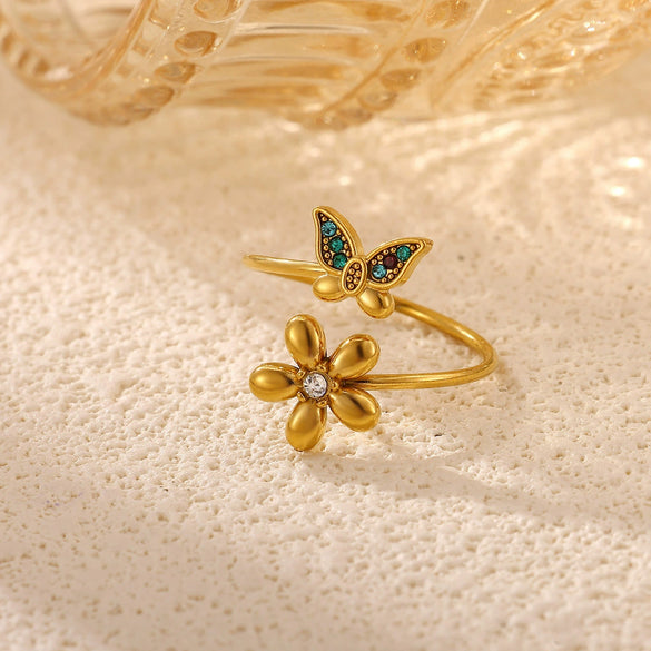 Women's Gold Plated Open Ring With Diamond Heart Butterfly Flower Crystal And Layered Tassel Design