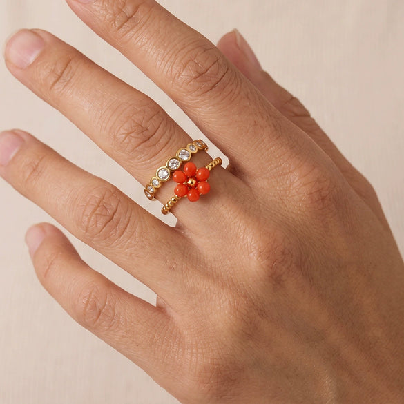 Women's Gold Plated Stainless Steel Adjustable Open Ring With Geometric Floral Pattern And Zircon Detail