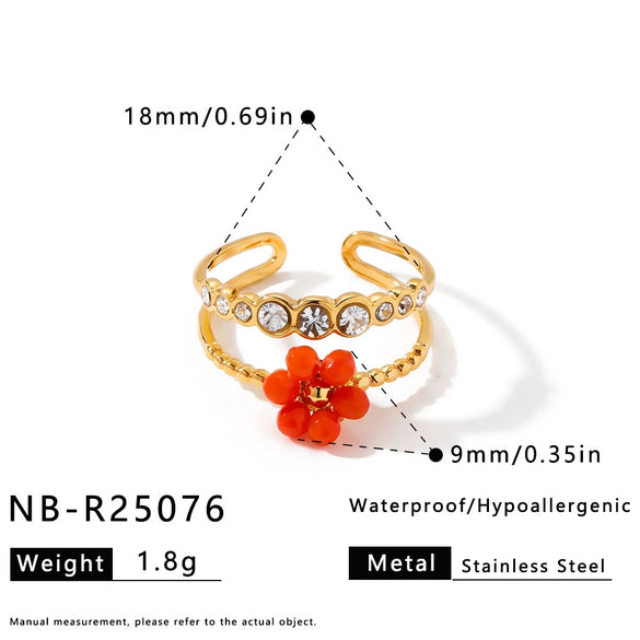 Women's Gold Plated Stainless Steel Adjustable Open Ring With Geometric Floral Pattern And Zircon Detail