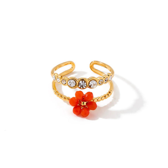 Women's Gold Plated Stainless Steel Adjustable Open Ring With Geometric Floral Pattern And Zircon Detail