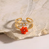 Women's Gold Plated Stainless Steel Adjustable Open Ring With Geometric Floral Pattern And Zircon Detail