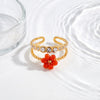 Women's Gold Plated Stainless Steel Adjustable Open Ring With Geometric Floral Pattern And Zircon Detail