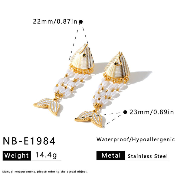 Women's Gold Plated Stainless Steel Enamel Fish Earrings With Rhinestone And Pearl Inlay Geometric Animal Style