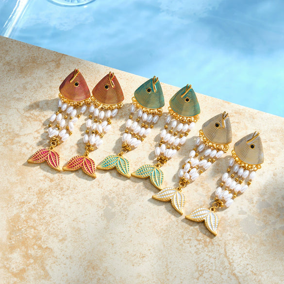 Women's Gold Plated Stainless Steel Enamel Fish Earrings With Rhinestone And Pearl Inlay Geometric Animal Style