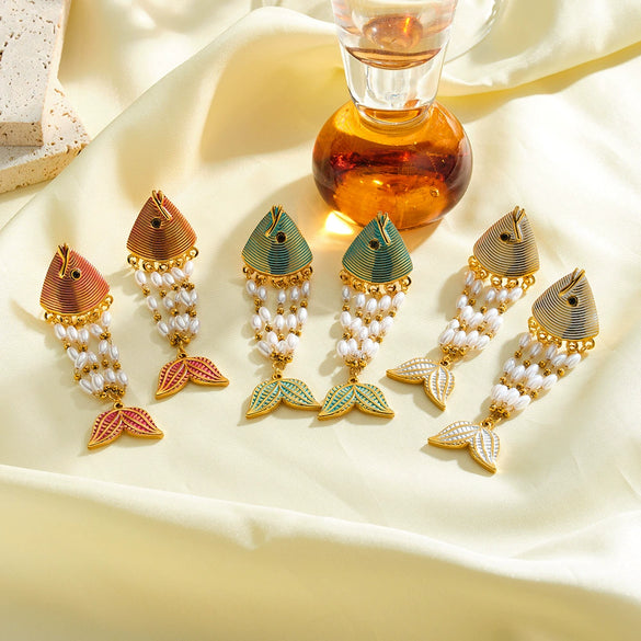 Women's Gold Plated Stainless Steel Enamel Fish Earrings With Rhinestone And Pearl Inlay Geometric Animal Style